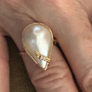 14K gold Size 6 ring-Large Mabe cultured pearl-Diamond accents